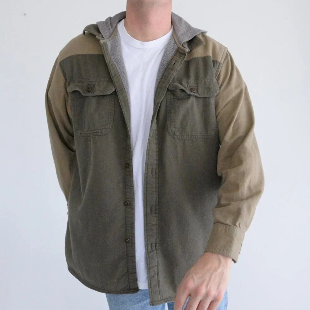 Cabela's Green & Tan Button Up with Fleece Liner & Hoodie Shirt – Large – Reg